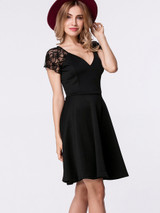 Casual Deep V-Neck Lace Patchwork Plain Skater Dress