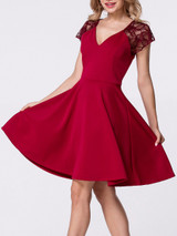 Casual Deep V-Neck Lace Patchwork Plain Skater Dress