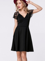 Casual Deep V-Neck Lace Patchwork Plain Skater Dress