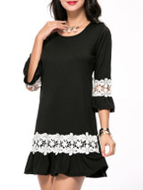 Casual Decorative Lace Ruffled Hem Round Neck Shift Dress
