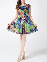 Casual Cowl Neck Tropical Printed Skater Dress