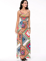 Casual Colorful Geometric Side Slit Spaghetti Strap Maxi Dress