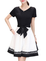 Casual Color Block V-Neck Bowknot Decorative Lace Skater Dress