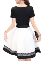 Casual Color Block V-Neck Bowknot Decorative Lace Skater Dress