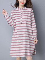 Casual Basic Band Collar Slit Pocket Striped Cotton/Linen Shift Dress