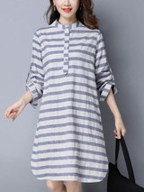 Casual Basic Band Collar Slit Pocket Striped Cotton/Linen Shift Dress