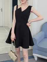 Casual Asymmetric Neck Solid Skater Dress