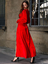 V-neck Long Sleeves Solid Color Belted Maxi Evening Dress