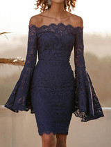 Sexy Lace Flared Sleeves Bodycon Off-the-shoulder Midi Dress