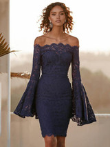 Sexy Lace Flared Sleeves Bodycon Off-the-shoulder Midi Dress