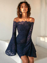 Sexy Lace Flared Sleeves Bodycon Off-the-shoulder Midi Dress