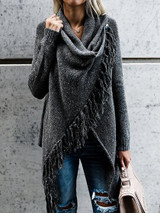 Tassel Asymmetrical Hem Shawl Speckled Fringe Cardigan