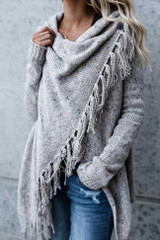 Tassel Asymmetrical Hem Shawl Speckled Fringe Cardigan