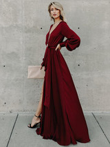 V-neck Long Sleeves Belted Maxi Dress