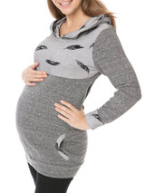 New Grey Flowers Print Pockets Hooded Long Sleeve Casual Maternity Sweatshirt