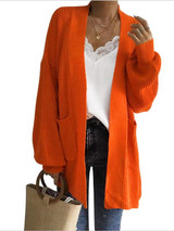 New Orange Pockets No Buttons Lantern Sleeve Halloween Casual Sweaters Cardigans
