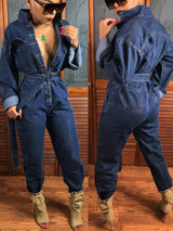 New Dark Blue Single Breasted Pockets Denim Long Sleeve Casual Long Jumpsuit