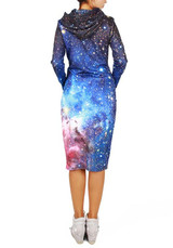 Galaxy Print Drawstring Pockets Thick Oversized Hooded Casual Sweatshirt Midi Dress