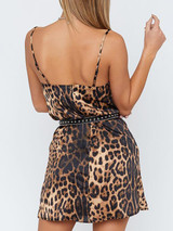 Leopard Print Spaghetti Strap Sexy Dress Women Autumn Sleeveless V-Neck Loose Mini Bodycon Dress Backless Casual Dress