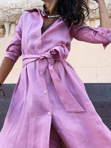 V-neck Long Sleeves Shirt Belted Maxi Dress