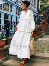 Lace Split-joint Puff Long Sleeves Maxi Dress