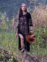 Bohemia Embroidery V-Neck Long Sleeve Side Split Maxi Beach Dress