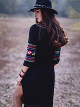Bohemia Embroidery V-Neck Long Sleeve Side Split Maxi Beach Dress