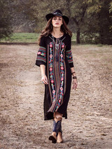 Bohemia Embroidery V-Neck Long Sleeve Side Split Maxi Beach Dress