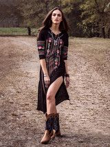 Bohemia Embroidery V-Neck Long Sleeve Side Split Maxi Beach Dress