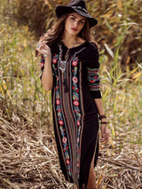 Bohemia Embroidery V-Neck Long Sleeve Side Split Maxi Beach Dress