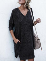 Solid Color V-neck Sweater Dress