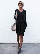Solid Color V-neck Sweater Dress