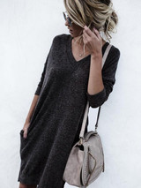 Solid Color V-neck Sweater Dress