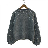 Women Sweaters And Pullovers Bead Lantern Sleeve Knitted Sweater Pullover