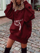 Red Cat Print Pockets Drawstring Hooded Long Sleeve Casual Sweatshirt