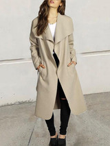 Khaki Pockets Sashes Turndown Collar Long Sleeve Elegant Coat