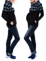 Blue Polka Dot Pockets Band Collar Long Sleeve Casual Maternity Sweatshirt