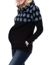 Blue Polka Dot Pockets Band Collar Long Sleeve Casual Maternity Sweatshirt