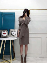 New Grey Belt Long Sleeve Deep V-neck Casual Midi Dress