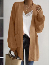 New Coffee Pockets Lantern Sleeve Casual Cardigan Knit Coat