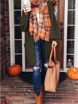 New Army Green Pockets Lantern Sleeve Casual Cardigan Knit Coat