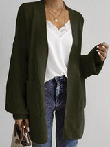 New Army Green Pockets Lantern Sleeve Casual Cardigan Knit Coat
