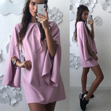 New Pink Ruffle Round Neck Long Sleeve Fashion Mini Dress