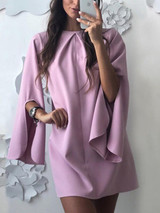 New Pink Ruffle Round Neck Long Sleeve Fashion Mini Dress