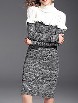 New Grey Patchwork Draped Long Sleeve Deep V-neck Casual Midi Dresse