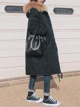 New Black Patchwork Pockets Single Breasted Drawstring Fur Zipper Hooded Long Sleeve Casual Coat