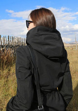 New Black Pockets Drawstring Zipper Hooded Long Sleeve Trench Coat