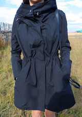 New Black Pockets Drawstring Zipper Hooded Long Sleeve Trench Coat