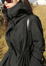 New Black Pockets Drawstring Zipper Hooded Long Sleeve Trench Coat