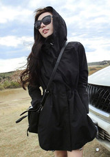 New Black Pockets Drawstring Zipper Hooded Long Sleeve Trench Coat